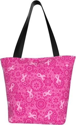 AOOEDM Pink Ribbon Lace Reusable Grocery Bag Shopping Bag Casual Shoulder Bag Handbag for Men Women ECO Market Bag Beach Bag Travel Totes