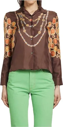 Versace Shirts, female, Brown, Size: XS Printed Silk Twill Shirt