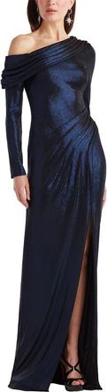 Tadashi Shoji Metallic One-Shoulder Long Sleeve Gown in Royal Navy at Nordstrom, Size X-Small