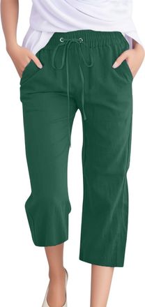 Generic Linen Cropped Trousers Womens 3/4 Short Leg Petite Wide Leg Trousers with Elasticated Waist Capri Pants Casual Solid Color Summer Loose Fit Beach Pant