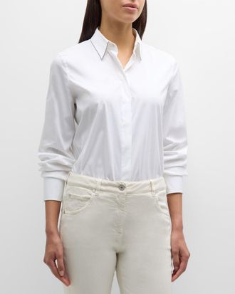 Brunello Cucinelli Cotton Poplin Button-Front Top with Monili Trim