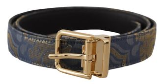 Dolce & Gabbana Navy Blue Jacquard Gold Tone Logo Metal Buckle Womens Belt