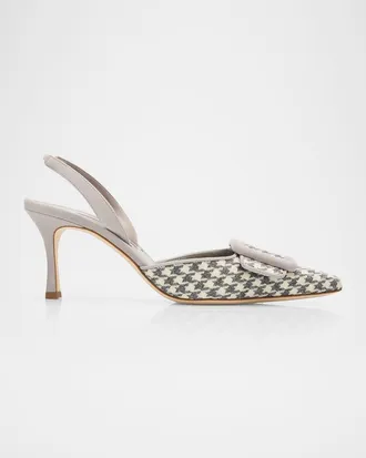 Manolo Blahnik 70mm Mayslibi Gala Houndstooth Suede Slingback Pumps