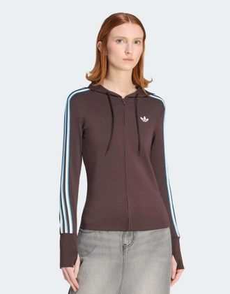 adidas Originals Giacca color caff&egrave; aurora con cappuccio, zip e trifoglio-Marrone