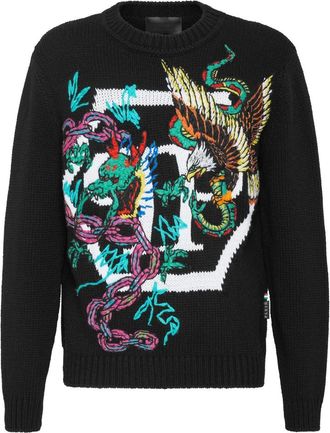 Philipp Plein Wool Cotton Pullover Ronde Hals LS Tattoo Patches - Heren - Ronde hals truien - Zwart - 2XL - Wol - Truien & Vesten