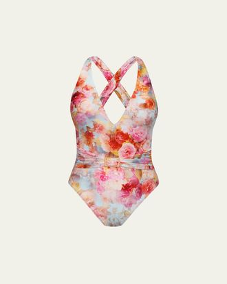 L'agence Soft Cloud Floral Lisa Plunge One-Piece Swimsuit