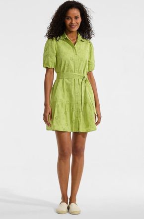 Lands End Elbow Sleeve Eyelet Knee Length Shirt Dress in Bright Pistachio Floral Eyelet at Nordstrom, Size Medium