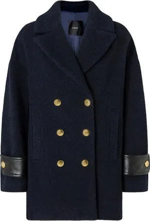 Pinko Double-Breasted Blue Coat with Leather Cuffs and Gold Accents