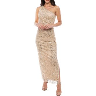 OLEG CASSINI Sequin Branch One-Shoulder Dress in Champagne at Nordstrom Rack, Size X-Large