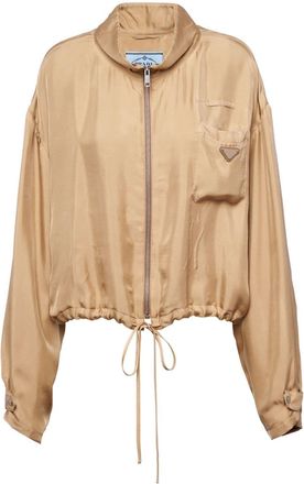 Prada triangle-logo silk jacket - women - Silk - 42 - Neutrals