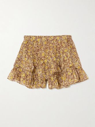 Isabel Marant Shorts In Voile Di Cotone Biologico Stampato Con Ruches Jocadia - Verde