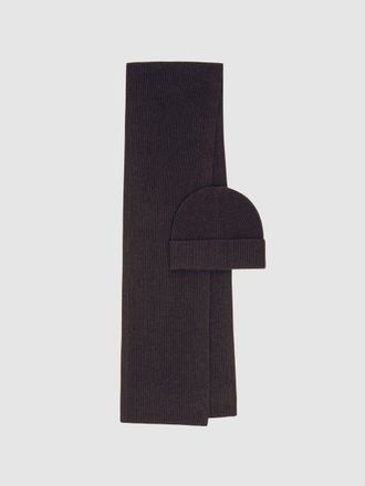 Reiss Chocolate Brown Chesterfield Wool Scarf and Beanie Gift Set