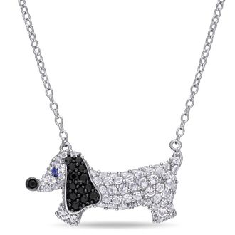 Amour 1 1/2 CT TGW Created Blue and White Sapphire Black Spinel Dog Necklace In Sterling Silver