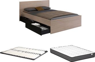 Vente-Unique Letto Con 2 Cassetti 140 X 190 Cm Naturale E Nero + Rete A Doghe + Materasso - Velona