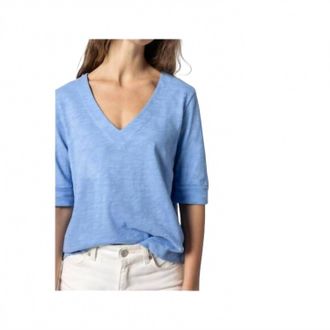 Lilla P Cuffed Elbow Sleeve V-Neck Tee In Harbor
