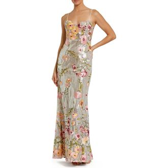 Mac Duggal Sleeveless Bustier Floral Applique Gown in Silver Multi at Nordstrom, Size 10