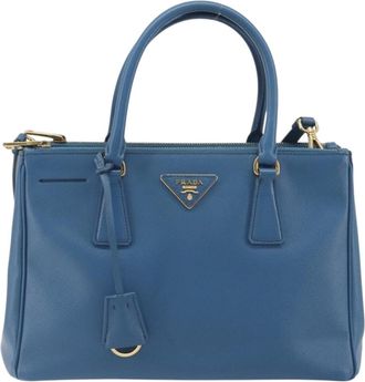 Prada Double Zip Lux Tote Saffiano Leather Blue Leather Handbag (Pre-Owned)