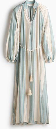 H&M Oversized Kleid mit Bindeg&uuml;rtel - Hellbeige/T&uuml;rkis Gestreift