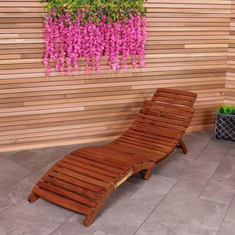 Charles Bentley Large Folding Curved Reclining Wood Sun Lounger Patio Sunbed in Brown