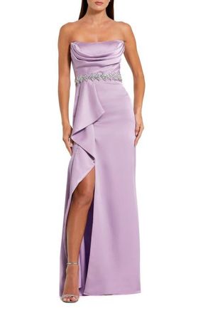 Mac Duggal Strapless Embellished Belt Satin Gown in Lilac at Nordstrom, Size 12