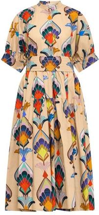 Maison Common Printed Cotton Popelin Dress With Belt in Sand Multicolour at Nordstrom, Size 36