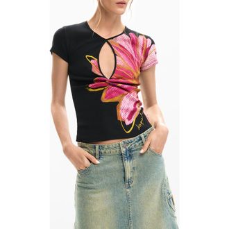 Desigual Floral Cutout Cotton Graphic T-Shirt in Black at Nordstrom, Size X-Large