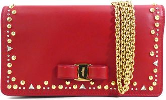 Ferragamo Red Color Leather Chain/Shoulder Wallet (Pre-Owned)