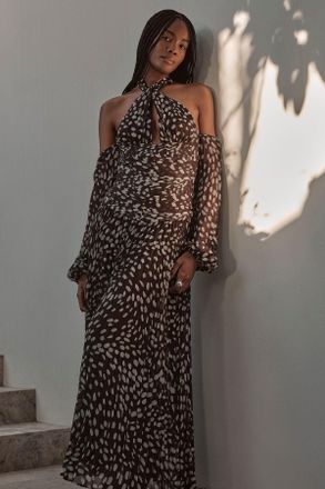 Karen Millen Womens Polka Dot Crinkle Cold Shoulder Georgette Woven Maxi Dress - Monochrome Multi - Size 16 UK