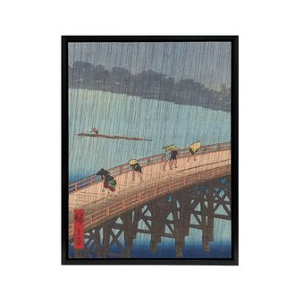 Artery8 Evening Shower Ohashi Bridge Framed Canvas Wall Art Print Hiroshige in Blue | Size: W24 x H32