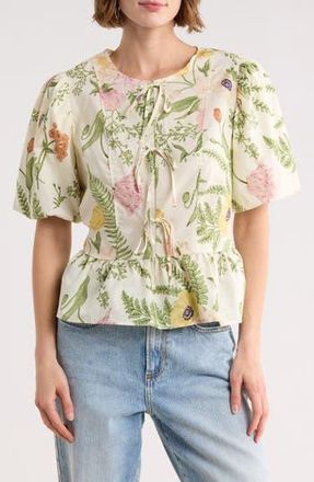 Melloday Tie Front Poplin Peplum Top in White Multi at Nordstrom Rack, Size X-Small