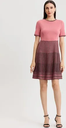 Misook Fit & Flare Striped Hem Soft Knit Dress in Honey Suckle/black at Nordstrom, Size Xx-Large