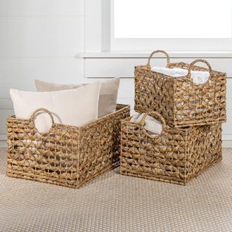 Happimess Quinn Bohemian Cottage Woven Hyacinth Rectangular Storage Baskets with Handles, in Natural at Nordstrom