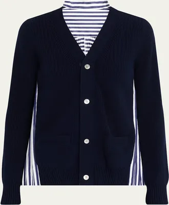 sacai Wool Knit And Cotton Poplin V-Neck Cardigan