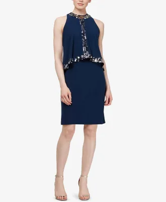 S.L. Fashions Sequin Trim Popover Sleeveless Jewel Cocktail Dress In Navy