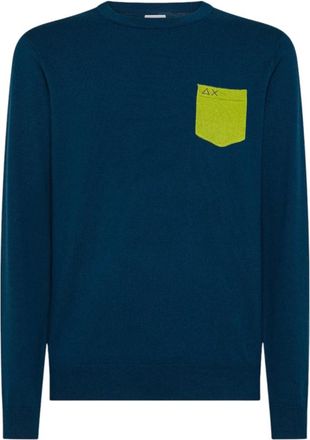 Sun 68 Pullover Elleboog Contrast - Heren - Ronde hals truien - Groen - L - Katoen - Truien & Vesten