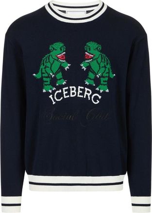Iceberg Trui met ronde hals en drakeninleg - Heren - Ronde hals truien - Blauw - M - Katoen - Truien & Vesten