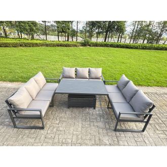 Fimous Fimous U-shaped Garden Furniture Set 9-Seater Aluminium Outdoor Dining Set with Adjustable Rising Lifting Dining Table Dark Grey