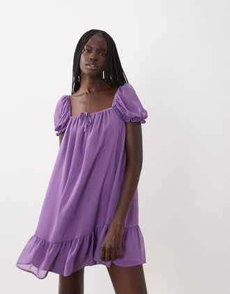 Miss Selfridge vestito mini in chiffon a maniche corte color grape-Viola
