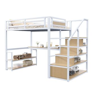 STILVORA Letto A Soppalco 2 Posti Con Scala Contenitore E Scrivania 140&times;200 Cm, Senza Materasso, Bianco