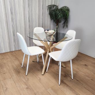 Kosy Koala Round Glass Dining Table Set With 4 White Gem Pattern Chairs Dining Room Furniture in Clear