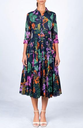 Samantha Sung Gogh Summer A-Line Belted Shirtdress in Navy at Nordstrom, Size 16