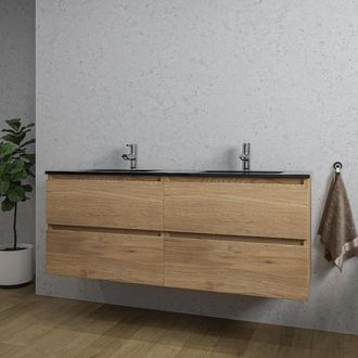 Saniclass Chaci Badkamermeubelset - 140x46x55cm - keramische wastafel zwart - 2 wasbakken - 2 kraangaten - 4 lades - eiken