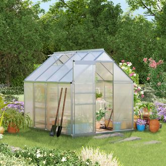 OUTSUNNY Polycarbonate Walk-in Garden Greenhouse w/ Sliding Door Silver Tone