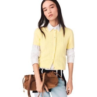 Maje Cardigan with rhinestone neck in Yellow at Nordstrom, Size X-Small