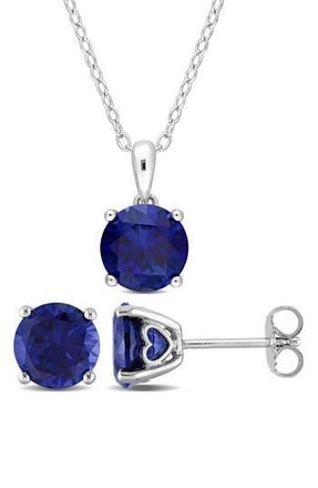 Delmar Sterling Silver Round Lab Created Sapphire Stud Earrings & Necklace Set in Blue at Nordstrom Rack