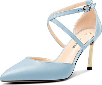 Castamere Womens High Heel Pointed Toe Pumps Court Shoe Ankle Strap Cross-Strap Wedding Dress 8.5 CM Heels Light Blue 6 UK