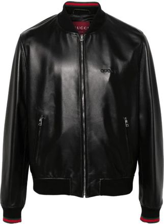 Gucci Geborduurde Zwarte Bomberjack - Heren - Leren en Su&egrave;de Jassen - Zwart - XL - Wol - Jassen