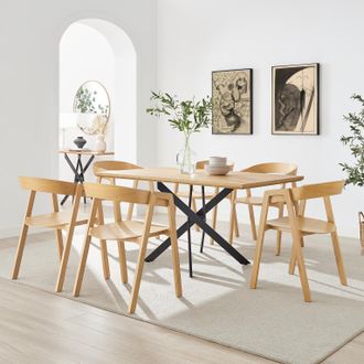 Furniturebox Leonardo Oak Veneer Dining Table & 6 Oak Masa Chairs in Brown