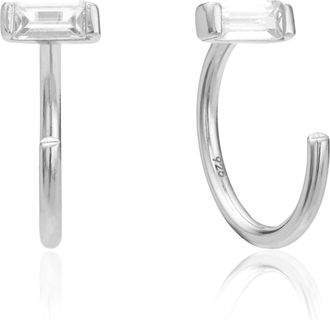 Lily & Roo Silver Diamond Style Baguette Lobe Hoop Earrings
