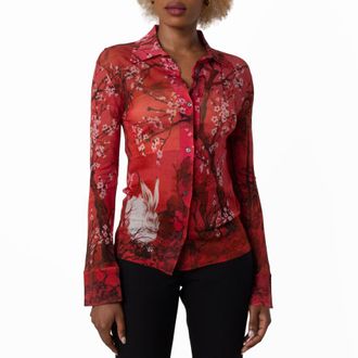 Ferragamo Womens Year of the Rabbit Silk Chiffon Shirt, Size Medium